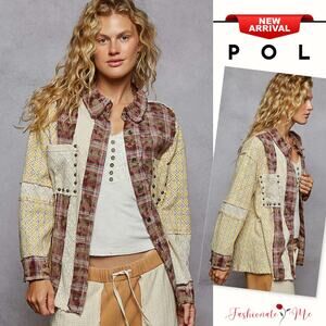 POL Studded Detail Contrast Plaid Print Pockets Long Sleeves Shirt | Dark Brown